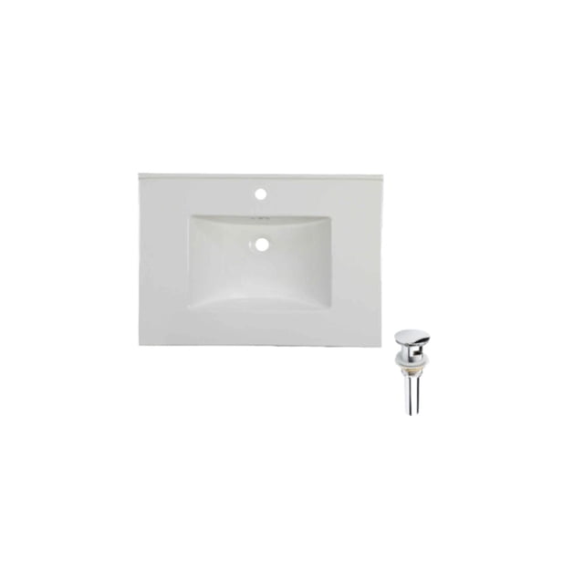 DROP Bath and Kitchen DR091434 Bathroom Vanity Top Set with a white rectangular ceramic drop-in vanity top featuring a gloss finish, centered faucet hole, overflow hole, and a chrome drain with overflow, suitable for bathroom vanity renovations.