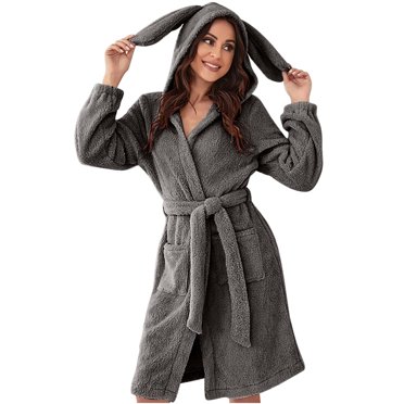 RKSTN Long Nightgowns for Women Rabbit Ears Warm Soft Solid Color Onesie Pajamas Long Sleeve V-Neck Winter Fleece Faux Velvet Sleepwear Nightgowns with Belt