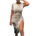 thumbnail image 1 of Birdeem Fashion Women Sexy Round Neck Printing Short Sleeve Slim Drawstring Slitting Dress, 1 of 4