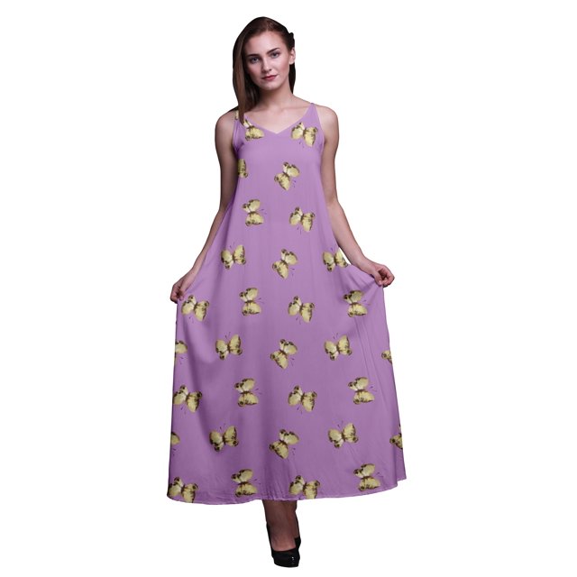 Bimba Robe de Soirée Longue Maxi Dos Nu à Bretelles Spaghetti Imprimée Papillon en Rayonne pour Femmes - Très Petit