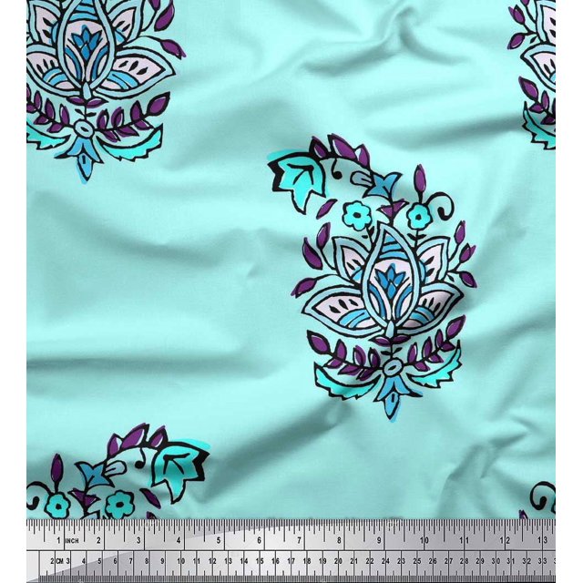 Soimoi Moss Georgette Fabric Leaves & Floral Block Print Fabric by The Yard 42 Inch Wide