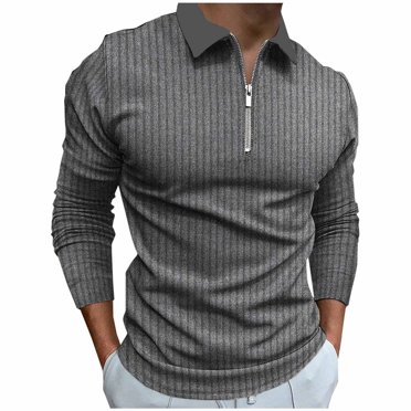 Winter Clearance Deals！Mens Shirts Long Sleeve Sale Men Motion Bodybuilding Casual Stand Collar Elastic Vertical Bar Long Sleeved Zipper Tops Gray M