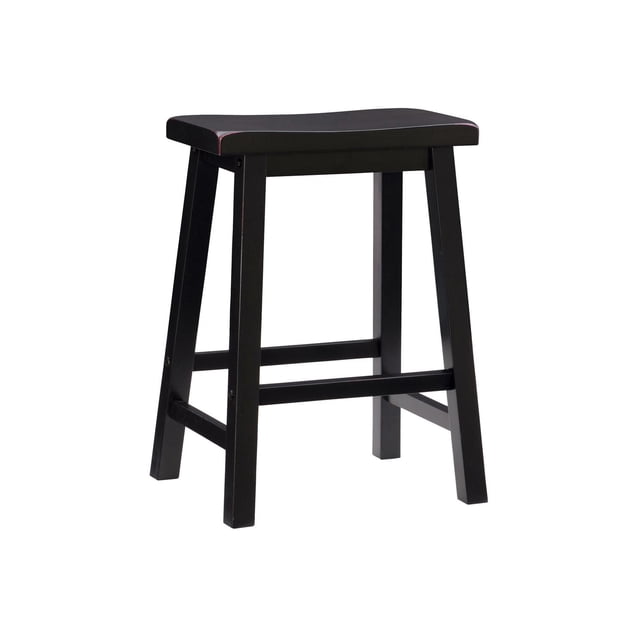 Keogh Counter Stool in antique black solid rubberwood with a gently curved backless seat and angled legs supported by braces that act as footrests, designed for counters and counter-height tables 34 to 36 inches high with a 225-pound weight capacity, also suitable as extra seating in living areas.