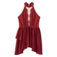 thumbnail image 3 of RUNQHUI Kids Girls Lyrical Dance Dress Shiny Rhinestone Halter Sleeveless Backless Leotards Dress Burgundy 12, 3 of 5
