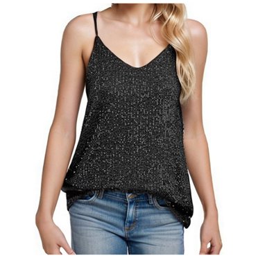 Kcodviy Women's Loose Sequin V 3Xl Tops for Women Neck Sleeveless Casual Sequin 5X Womens Tops Deep V Women Running Top Sleeveless Shirts for Women 2 Small
