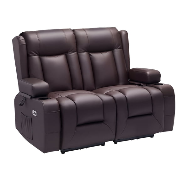 VEVOR Loveseat Recliner Sofa, Power Reclining Couch with Heating & Massage and Timer, PU Leather Electric Recliner Sofa with USB Ports, Cup Holders and Side Bags
