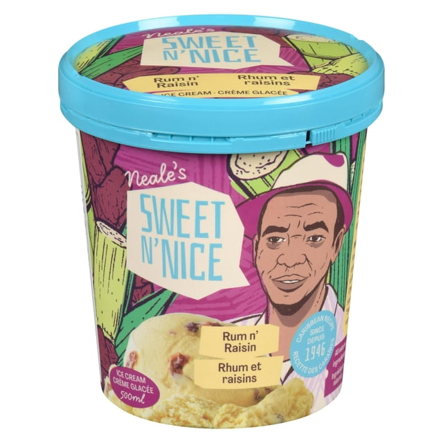 Neale's Sweet n Nice Rum n' Raisin ice cream 500ml tub with a blue lid, featuring vibrant Caribbean-inspired artwork and text highlighting the traditional rum and raisin flavour popular in frozen treats.