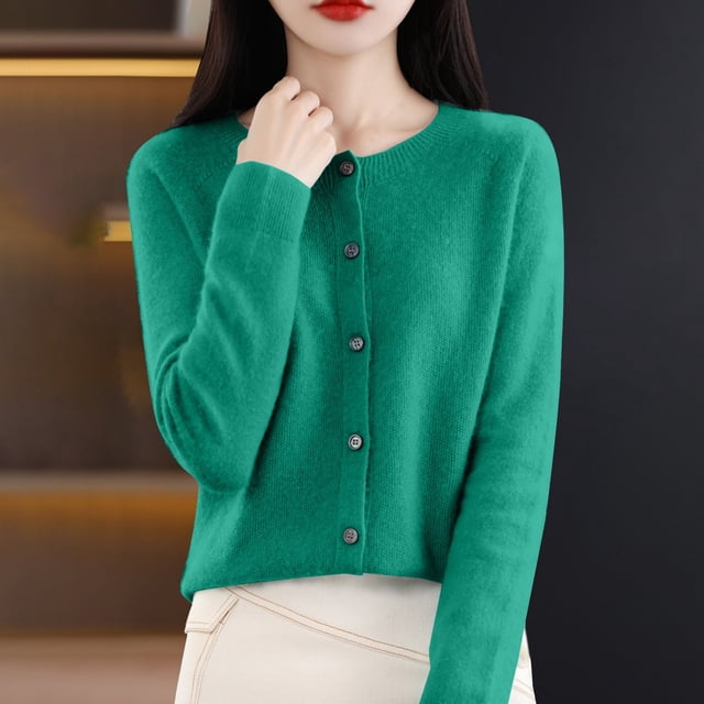 Baberdicy Haut en Tricot Uni pour Femme, Cardigan à Col Rond Ouvert à l'Avant, Cardigan Uni à Col Rond, Chandail en Tricot Décontracté, Haut de Tous les Jours Vert TTG