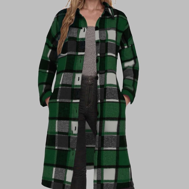 Women's Long Plaid Flannel Shirts Shacket Plus Size Long Sleeve Oversized Button Shirt Fall Spring Trench Coat with Pockets Green XL