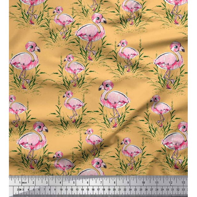 Soimoi Tissu Georgette Orange Moss Imprimé Herbe & Flamant Rose au Mètre 42 Pouces de Large