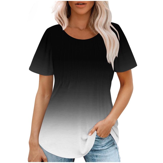 Plebaso Hauts pour Femmes Été Manches Courtes Col Rond Tunique Chic Ample Mode Blouses à Dégradé de Couleurs
