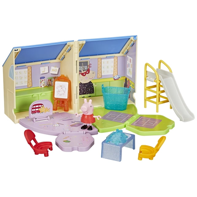 Peppa Pig Peppa's Pop-Open Playgroup Playset with fold-out schoolhouse featuring classroom and playground areas, including a yellow ladder slide, hopscotch markings, easel with butterfly mask drawing, and poseable Peppa Pig figure in a red dress. Includes red and yellow chairs, blue glitter basket, and small blue table with butterfly mask accessory, ideal for imaginative preschool play.