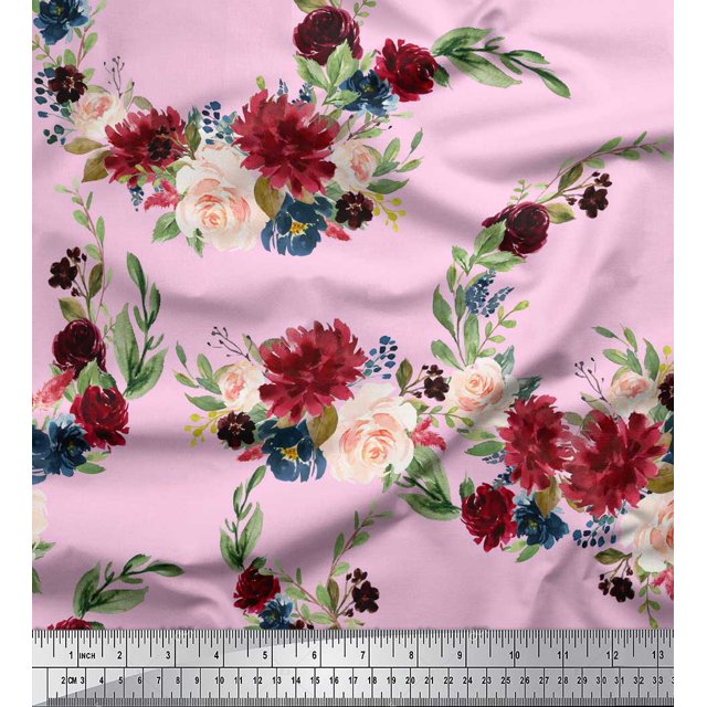 Soimoi Pink Georgette Viscose Fabric Ranunculus & Penoy Floral Print Fabric Prints By the Yard 44 Inch Wide