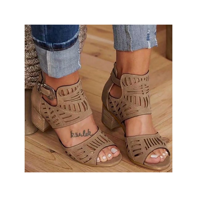 LUXUR Sandales Habillées à Talon Bloc Bas pour Femmes, Mode, à Boucle, Brun 10