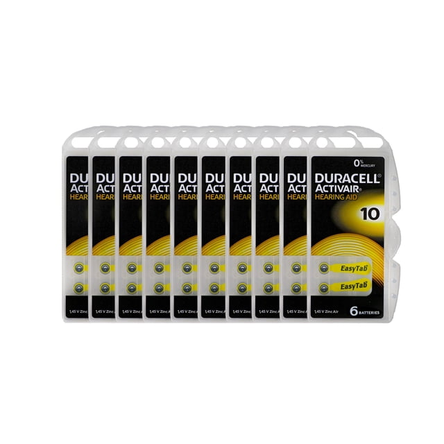 Duracell Activair Size 10 hearing aid batteries in a 60-pack, ideal for hearing aid accessories. Features EasyTab packaging for effortless handling. Each pack contains six 1.45V zinc air batteries, mercury-free and designed for reliable, long-lasting performance.