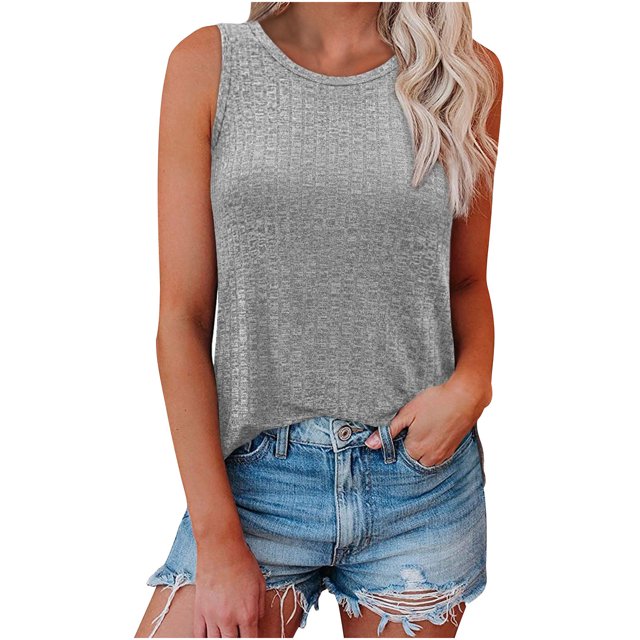 Cameland Débardeur en Tricot pour Femmes, Col Rond Sans Manches, T-Shirts Décontractés Basiques