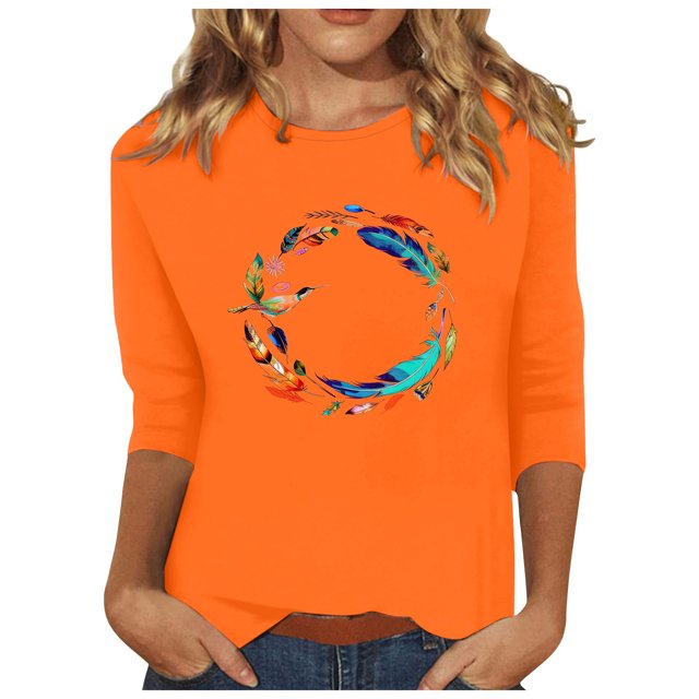 Dadaria Chemise Orange pour Femmes Hauts T-Shirt à Manches 3/4 Col Ras du Cou Tee Grande Taille Chandail d'Été Blouses m
