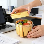 Fruit Storage Container with Strainer Insert | Two-Layer Produce Cup with Drainage Basket | Portable Fruit Vessel for Snacks | Clear Plastic Food Holder for Home, Kitchen, Picnic, and Lunch