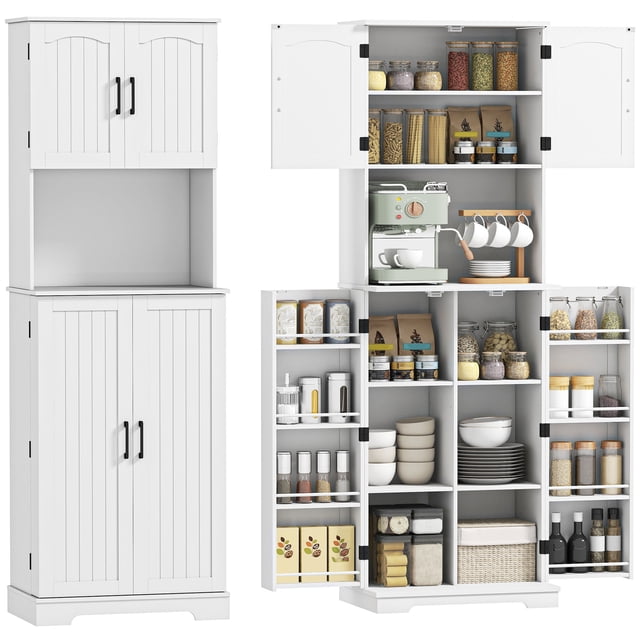HOMCOM 71.5" Tall Pantry Cabinet, Kitchen Cupboard with Spice Racks, White