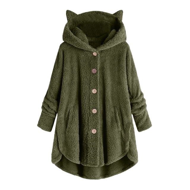 WEIYLL Womens Fleece Jackets Plus Size Button Plush Hooded Loose Cardigan Wool Army Green Winter Clothes Size 4XL