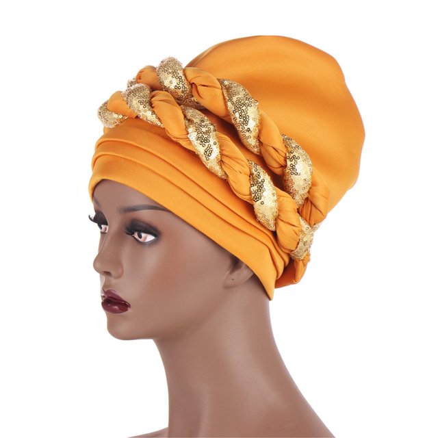 Bonnet Africain Tressé Turban avec Sequins Cheveux Longs Bandeau de Sommeil pour Femme