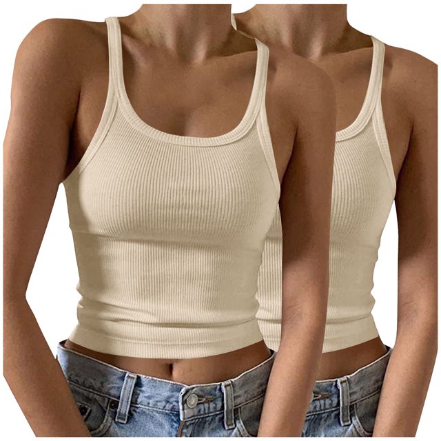 Timegard Camisoles 2 Pcs pour Femmes Col Rond Côtelé Sans Manches Ajusté Court Haut Décontracté Sortie Camis