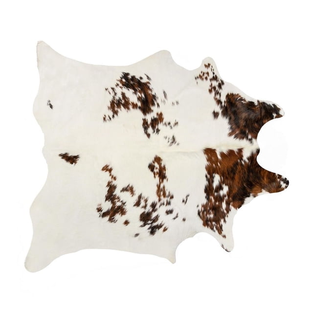 H-Natural Kobe Exotic Cowhide 6'X7' area rug with natural white base and irregular brown patches, soft low pile texture, and durable handmade construction, ideal for high-traffic indoor areas and suitable as a stylish accent rug.