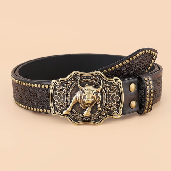 Western Cowboy Belt with Bull Head Big Buckle - Retro Youth Punk Leather Belt for Men