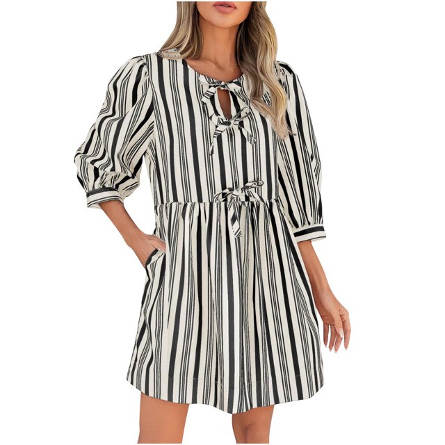 Ovzne Robes d'Été pour Femmes 2025 Robe de Plage Robe Mini pour Femmes à Manches 3/4 d'Été Décontractée avec Nœud Col Ras du Cou Rayée Ample Fluide Robes de Plage Robe de Printemps Liquidation
