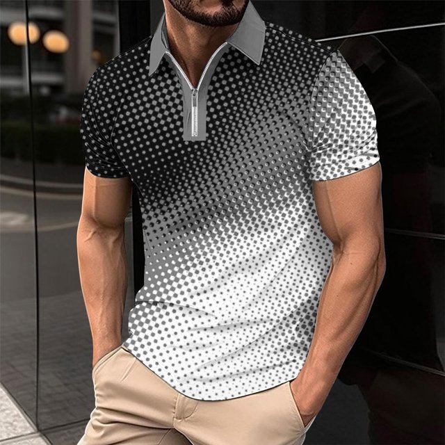 Chemises pour Hommes Décontractées Imprimées Manches Courtes Col Rabattu Fermeture à Glissière T-Shirt Blouse Tops