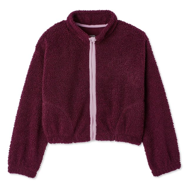 George Veste à Fermeture Éclair en Bouclé pour Filles en Molleton teddy Bouclé Bourgogne Foncé avec Col Montant, Longues Manches à Épaules Tombantes, Fermeture Éclair Rose Pâle Intégrale, Poignets et Ourlet Élastiqués pour Garder la Chaleur, Convient à Superposer pendant les Journées Fraîches au Canada.