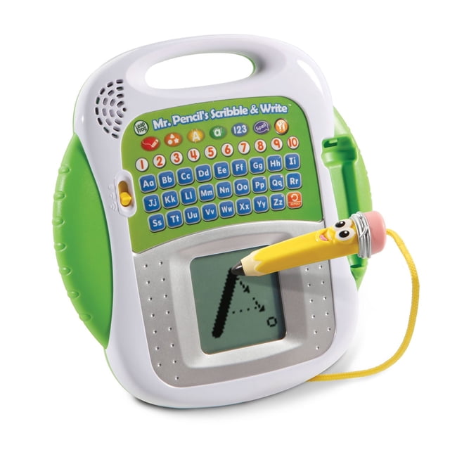 LeapFrog Mr. Pencil's Scribble & Write™ Learning Toy for Preschoolers - English Version, a handheld educational electronic toy with a white and green plastic body, featuring a small LCD screen displaying a dotted uppercase letter 'A' for tracing using a yellow pencil-shaped stylus attached by a string. The top panel includes colorful buttons with numbers 1 to 10 and uppercase and lowercase letters for interactive writing and spelling practice.