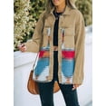 thumbnail image 4 of Women'S Loose Lapel Long-Sleeved Denim Patchwork Jacket Retro Raw Edge Mid-Length Jacket Khaki M, 4 of 6