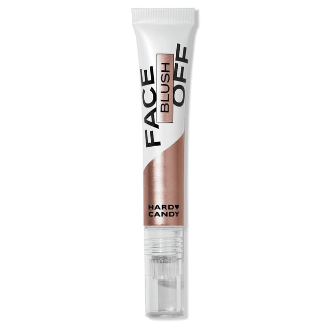 Hard Candy Face Off Luminous Liquid Blush 10ml tube in white and rose gold with black text and clear cap, featuring a liquid formula enriched with vitamins, peptides, hyaluronic acid, and squalane for a lustrous, freshly flushed cheek look suitable for on-the-go use.