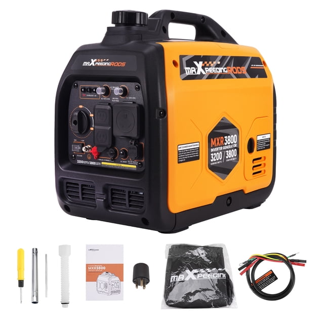 Maxpeedingrods 3800 Watt Portable Gas Powered Generator Inverter with a compact suitcase design in orange and black. Features quiet operation at 58dB, fuel-efficient economy mode, and multiple outlets: 2x 120V 20A, 1x 120V 30A, and 2 USB ports. Accessories include a dust cover, parallel cables, oil funnel, spark plug wrench, screwdriver, RV30 plug, and user manual.