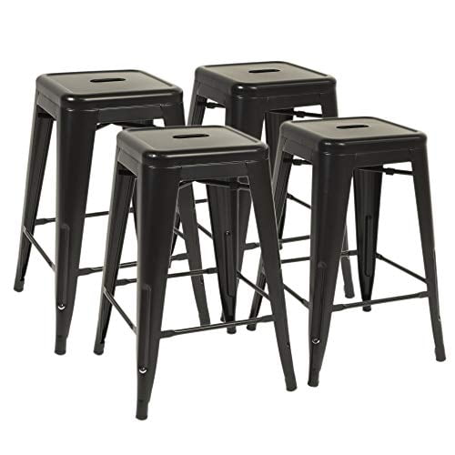 Metal Bar Stools Set of 4 Counter Height Barstool Stackable Barstools 24 Inch. These backless stools feature a durable black metal construction with a modern industrial design. Each stool includes an X-brace for added stability, protective rubber feet to prevent floor damage, and a stackable design for easy storage. Suitable for indoor and outdoor use in kitchens, patios, bars, or dining areas.