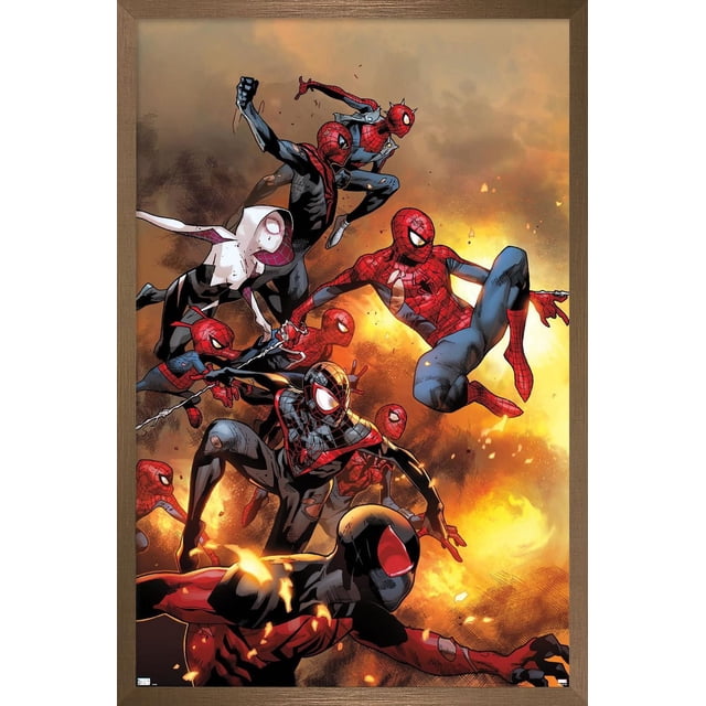 Marvel Comics - Spider-Verse - The Amazing Spider-Man #13 Affiche Murale, 22,375 Pouces x 34 Pouces Encadrée Représentant Plusieurs Personnages Spider-Man en Rouge et Bleu Classiques, Noir et Rouge, et Ensembles Blanc et Noir en poses d'Action Dynamiques sur un Fond orange et Brun Ardent, Encadrée en Bois, Convient à l'Art Mural et à la Décoration de Pièce.