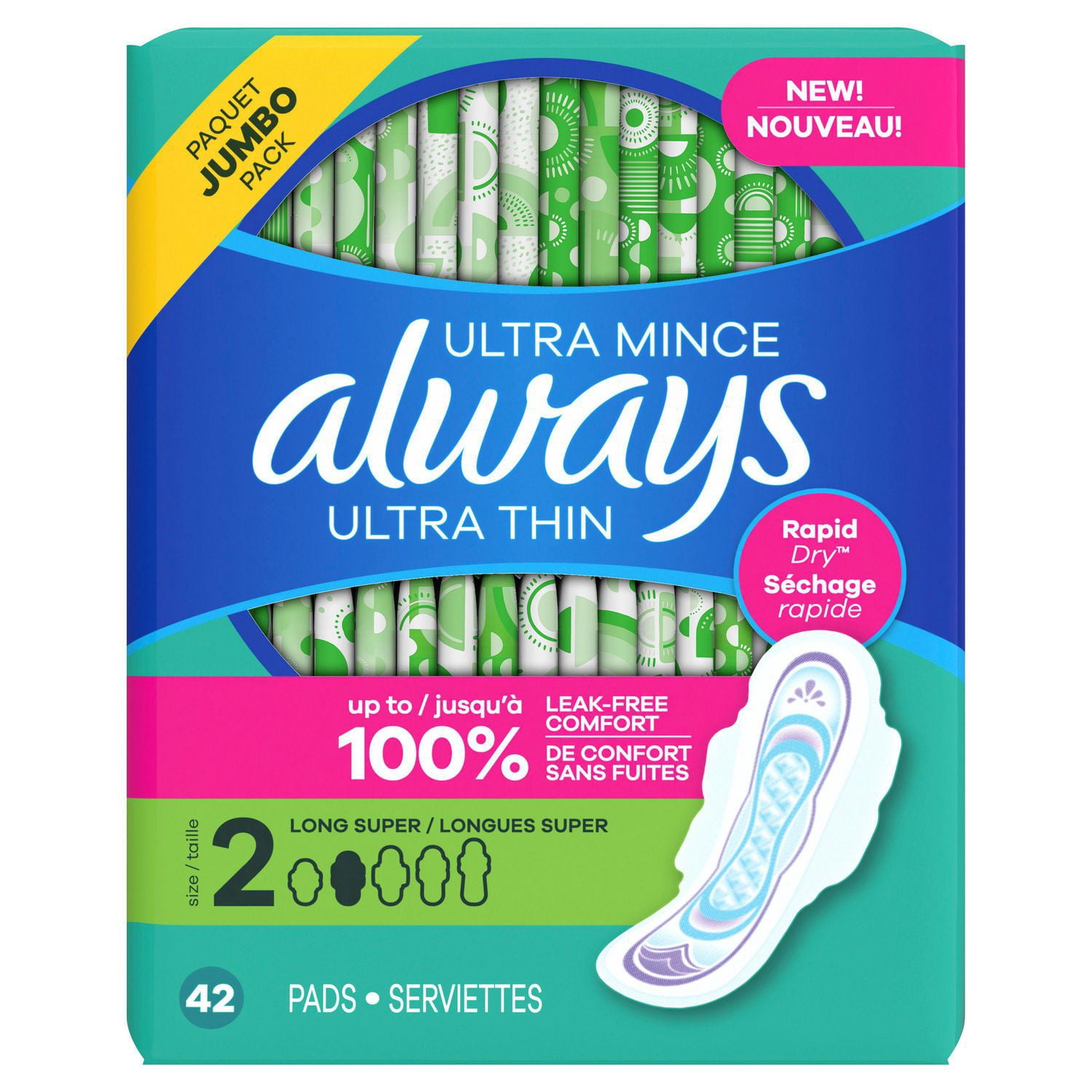 Always Serviettes Hygiéniques Ultra Minces avec Ailes pour Femmes, Taille 2, Longues, Super Absorption, Non Parfumées