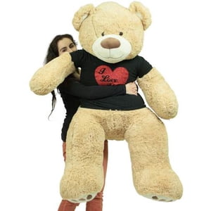 5 Foot Very Big Smiling Teddy Bear Wearing Black and Red I Love You T-shirt Soft  Tan Color