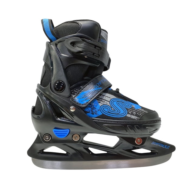 SOFTMAX Insulated Adjustable Ice Skate for Kids in black and blue, small size. Features a soft molded boot for comfort, adjustable sizing up to 3 sizes (1-3 US), reinforced ankle support, warm woven lining, deluxe padding, and stainless steel blade. Designed for recreational ice skating.