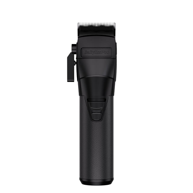 BaBylissPRO FXONE BLACKFX All Metal Clipper in black, designed for professional hair cutting. Features a durable all-metal housing, ergonomic grip, and advanced N1 brushless motor with dual ball bearings for efficiency. Includes a black graphite ultra-thin metal injection molding blade with an oil reservoir for lubrication, an interchangeable lithium battery with up to 2.5 hours of runtime, and a 4-stage LED ring battery indicator.