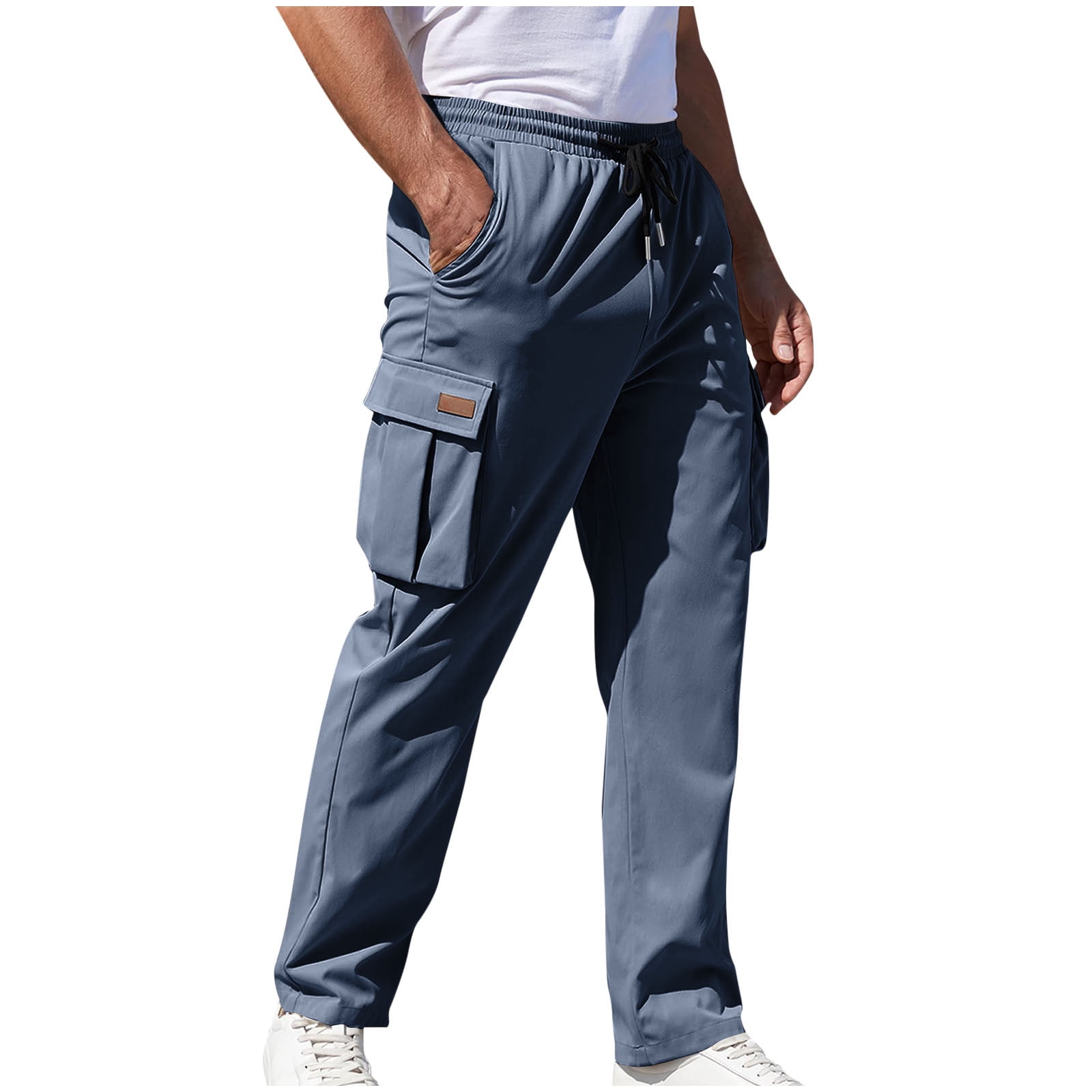 AherBiu Work Pants for Men Elastic Waist Drawstring Relaxed Fitted Cargo Pants with Multi Pockets Hiking Workwear Pants