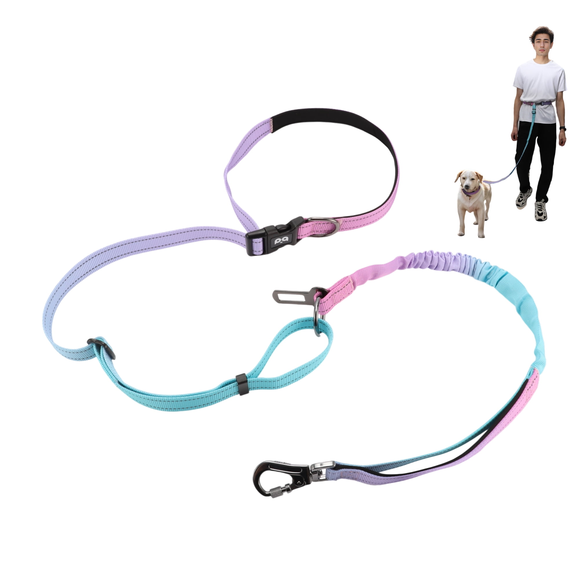 Unique Bargains Hands Free Dog Leash No Pull Bungee Dog Leash for One Large Dog Up to 440 Ib W/ Car Seatbelt Cyan Blue