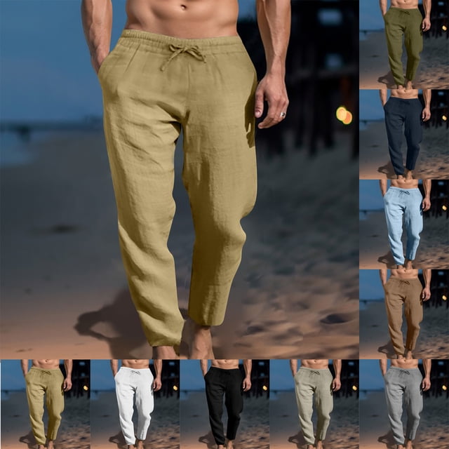 UVEASISHA Men's Linen Casual Pants Loose Fit Drawstring Waist Summer Beach Pants 2025 Summer Fashion Loose Straight Leg Trousers with Pockets Green XXL