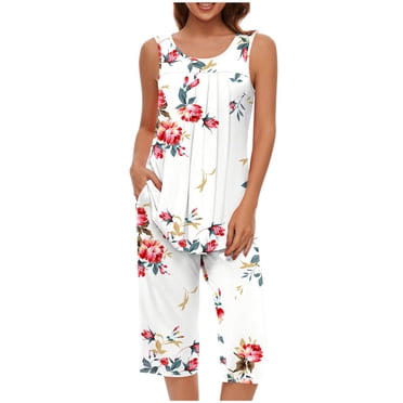 Kcodviy Ensemble de Pyjama en Dentelle Doux Sans Manches pour Femmes, Haut et Pantalon Capri, Shorts et Pyjamas avec Poche, Ensembles de Détente en Satin pour Femmes, Ensembles de Pyjamas