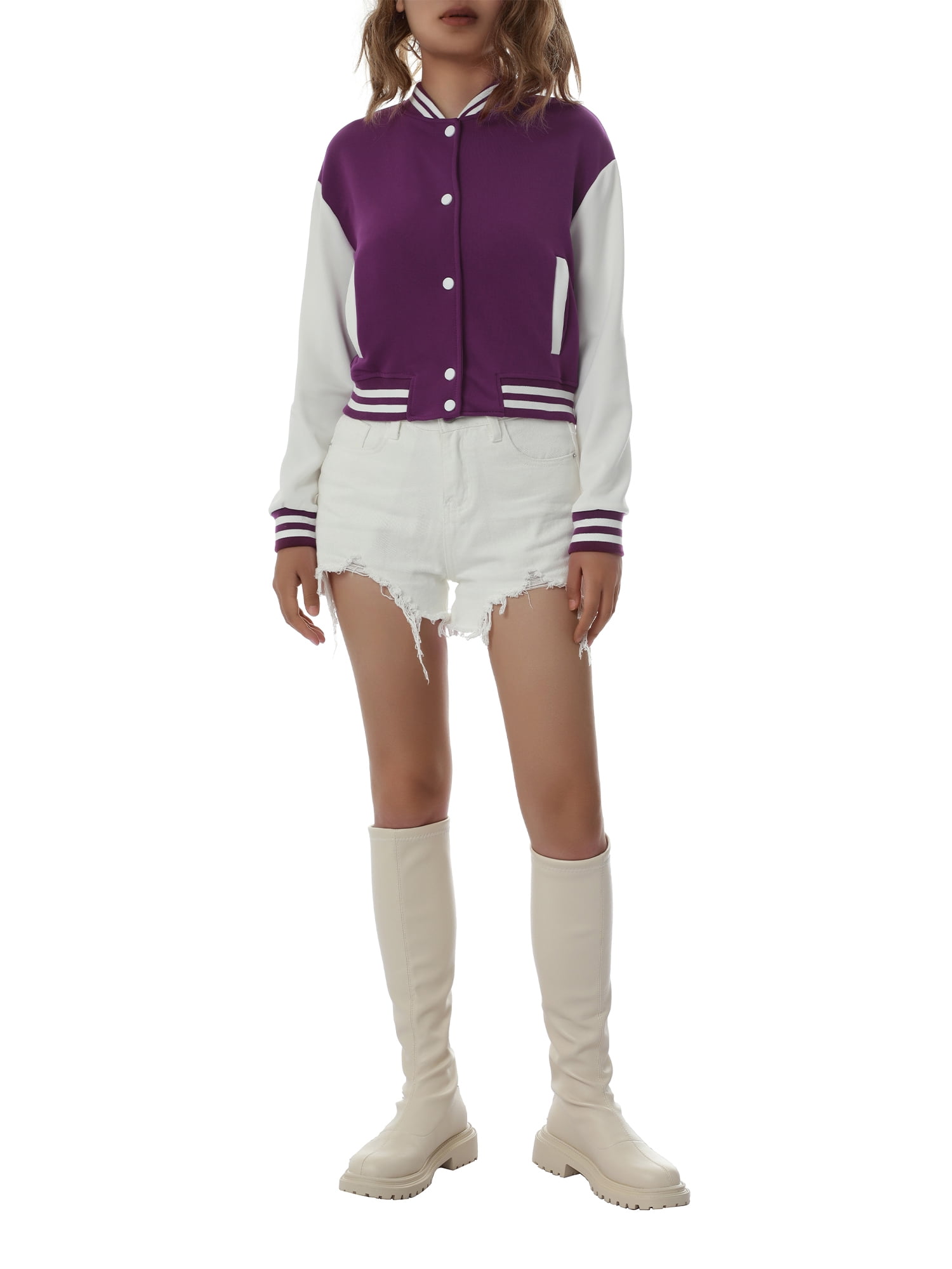 Women Varsity Baseball Jacket Casual Sweatshirt Long Sleeve Colorblock Button Down Cropped Bomber Coat
