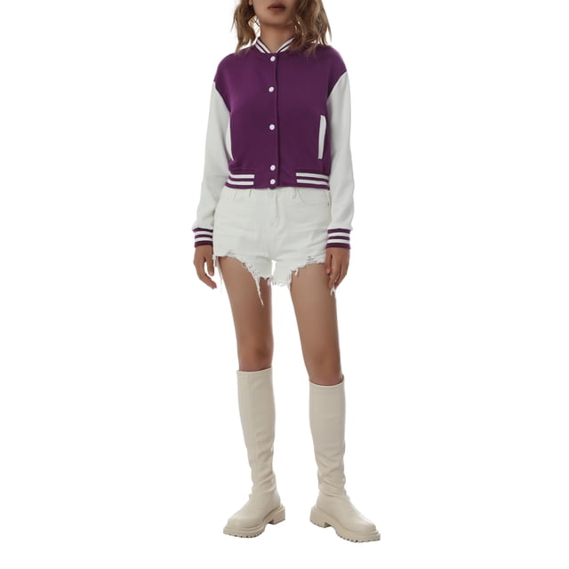 Kmbangi Veste de Baseball Courte à Manches Longues pour Femmes, Boutonnée, à Couleurs Contrastantes