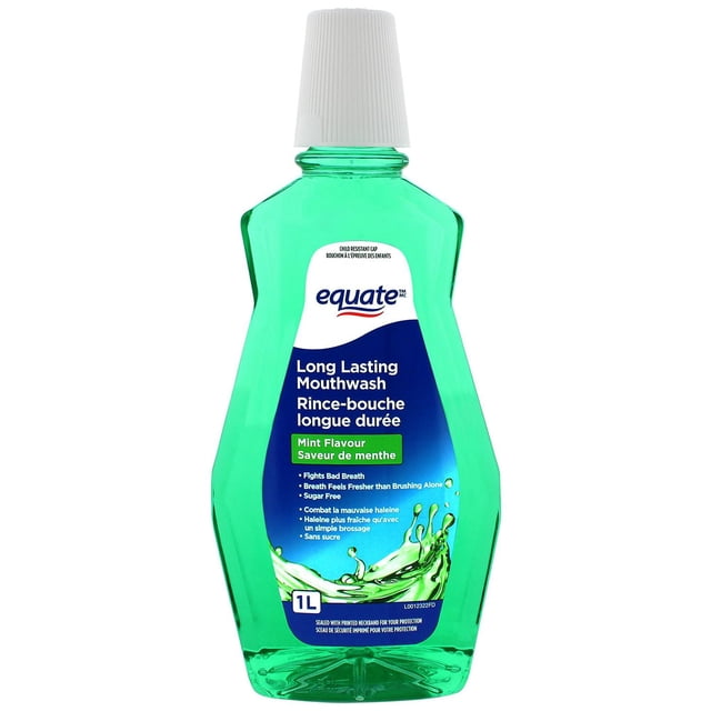 Equate Mint Long Lasting, Mouthwash, 1 l bottle with green translucent liquid and white child-resistant cap, featuring bilingual label stating mint flavour, sugar-free formula, and helps kill bacteria that cause bad breath for fresher breath than brushing alone.