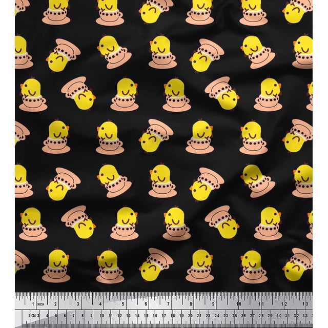 Soimoi polyester Crepe Fabric Cup,Plate & Chick Cartoon Printed Craft Fabric by the Yard 52 Inch Wide