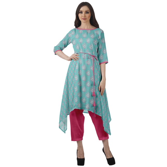 Moomaya Ensemble Tunique Indienne Haut et Pantalon Manches 3/4 Imprimé Kurta Kurti de Designer pour Femmes